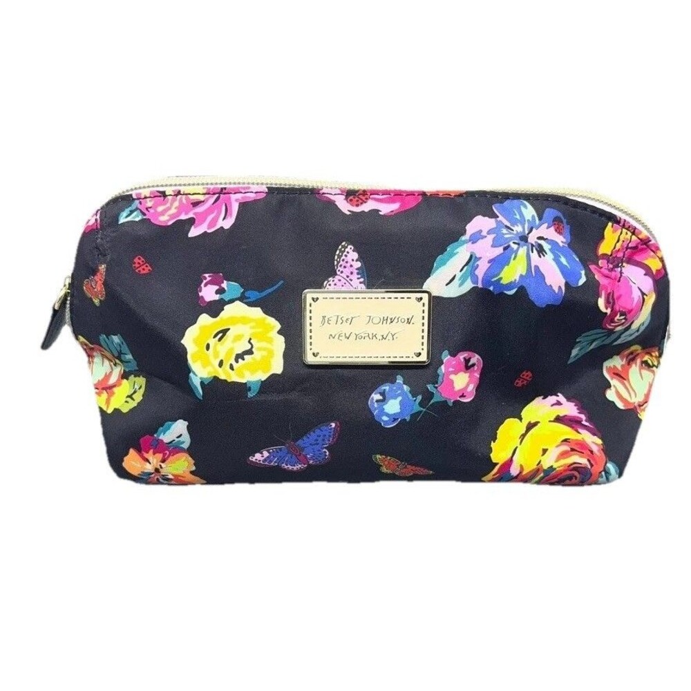 Betsey Johnson Cosmetic Makeup Bag Floral Butterfly Black Zippered 9x5x4